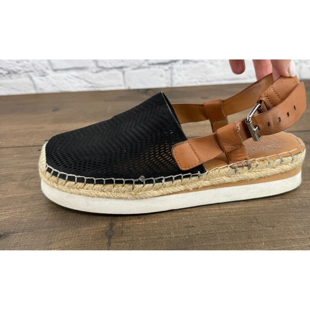 Vince Camuto Brettal Black Tan Leather Perforated Platform Espadrille Sandal 9.5